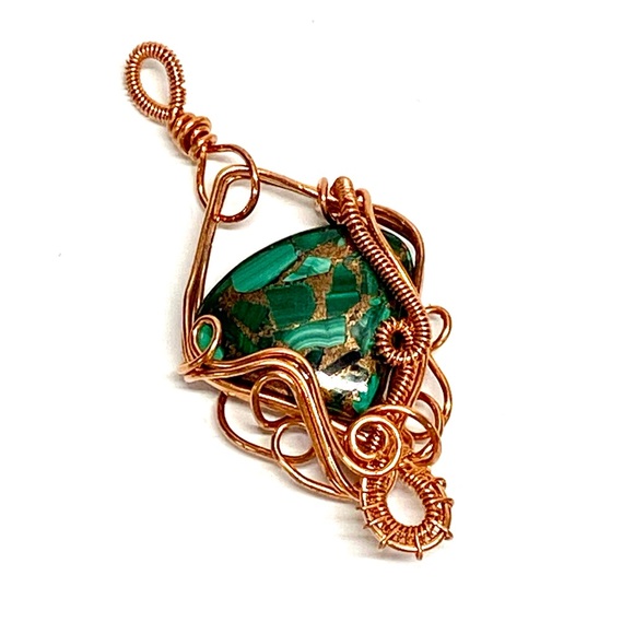HANDCRAFT Malachite Copper Hand Wrapped Copper Freeform Pendant, Artisan Jewelry - Picture 8 of 10
